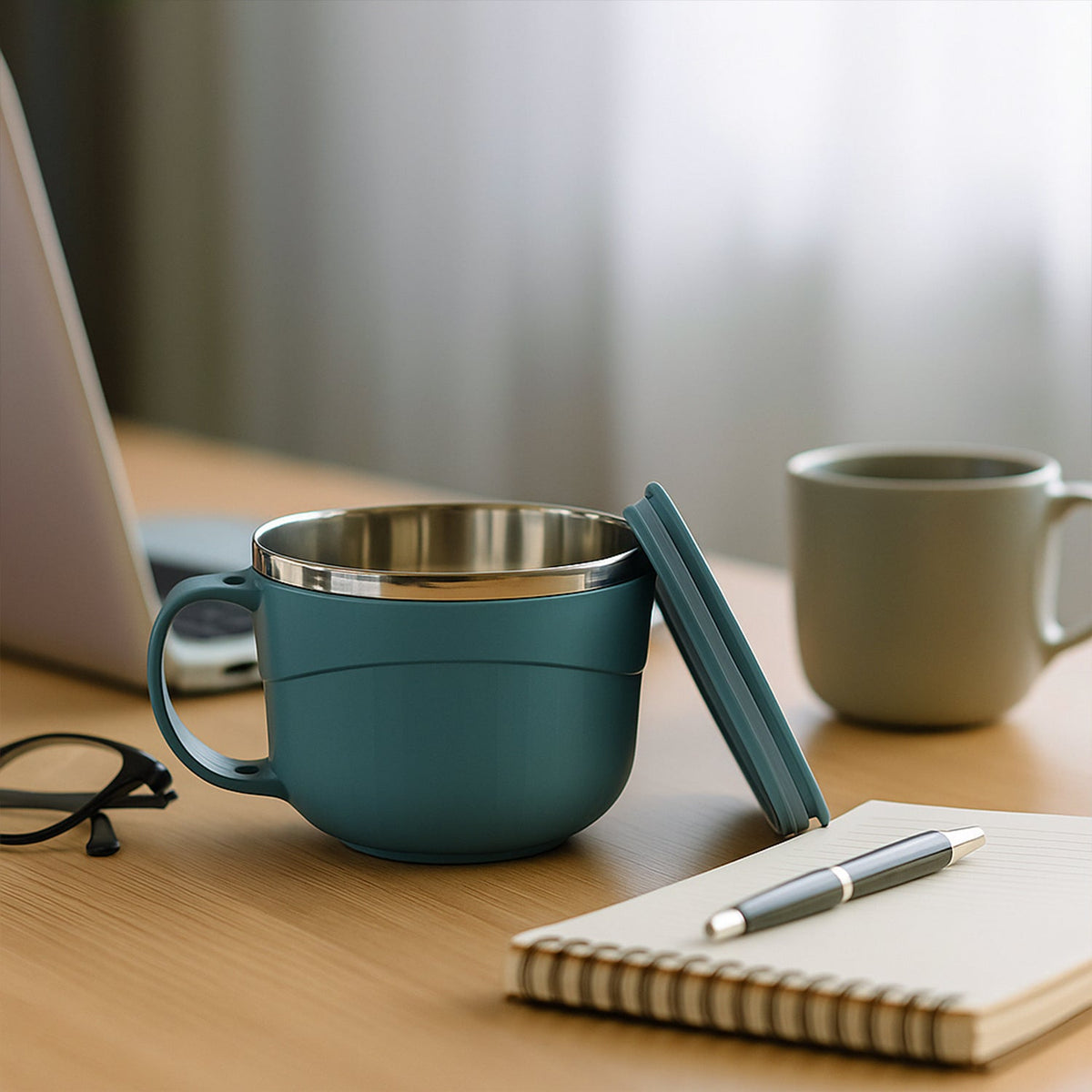 A teal insulated bowl with its lid leaning against it, on a wooden desk with a laptop, glasses, and notebook.