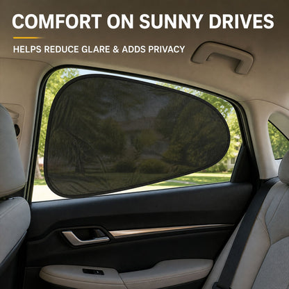 Black mesh sun shade on a car window with text describing comfort, glare reduction, and privacy benefits.