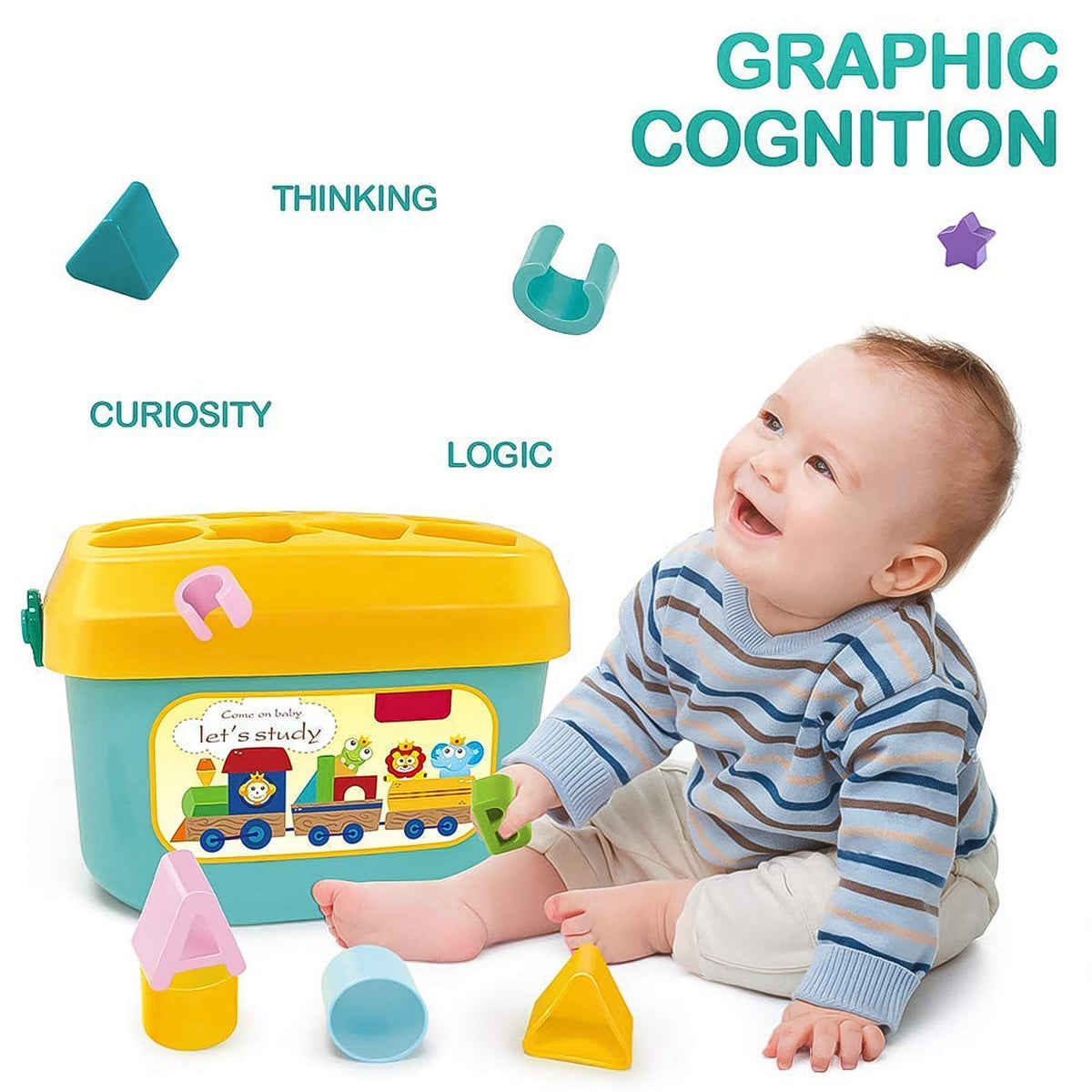 A baby smiles while sitting next to a blue and yellow shape sorter bucket with various colorful blocks and text overlay
