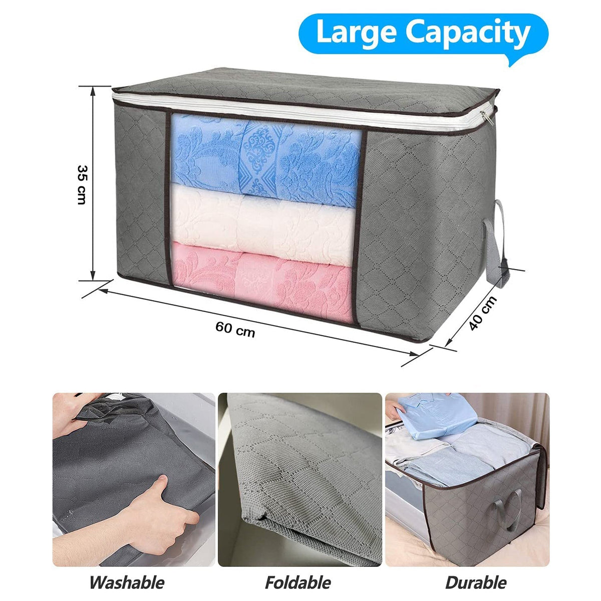 A grey quilted fabric storage bag with dimensions 60cm x 35cm x 40cm, showing washability, foldability, and durability.