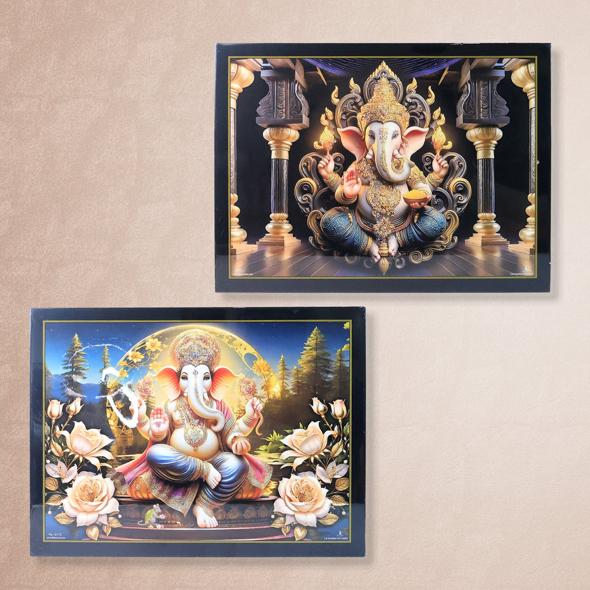 Two framed Lord Ganesha paintings, one with a dark temple background and another with a natural landscape and roses.