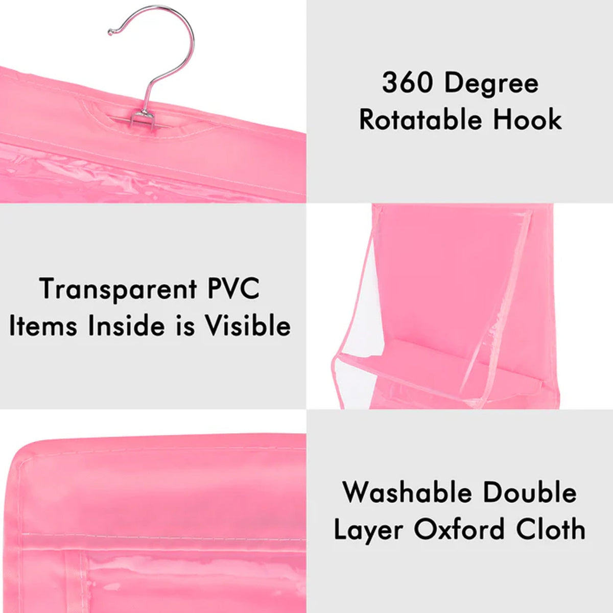 Collage showing a 360-degree rotatable hook, transparent PVC, and washable double layer Oxford cloth details of the