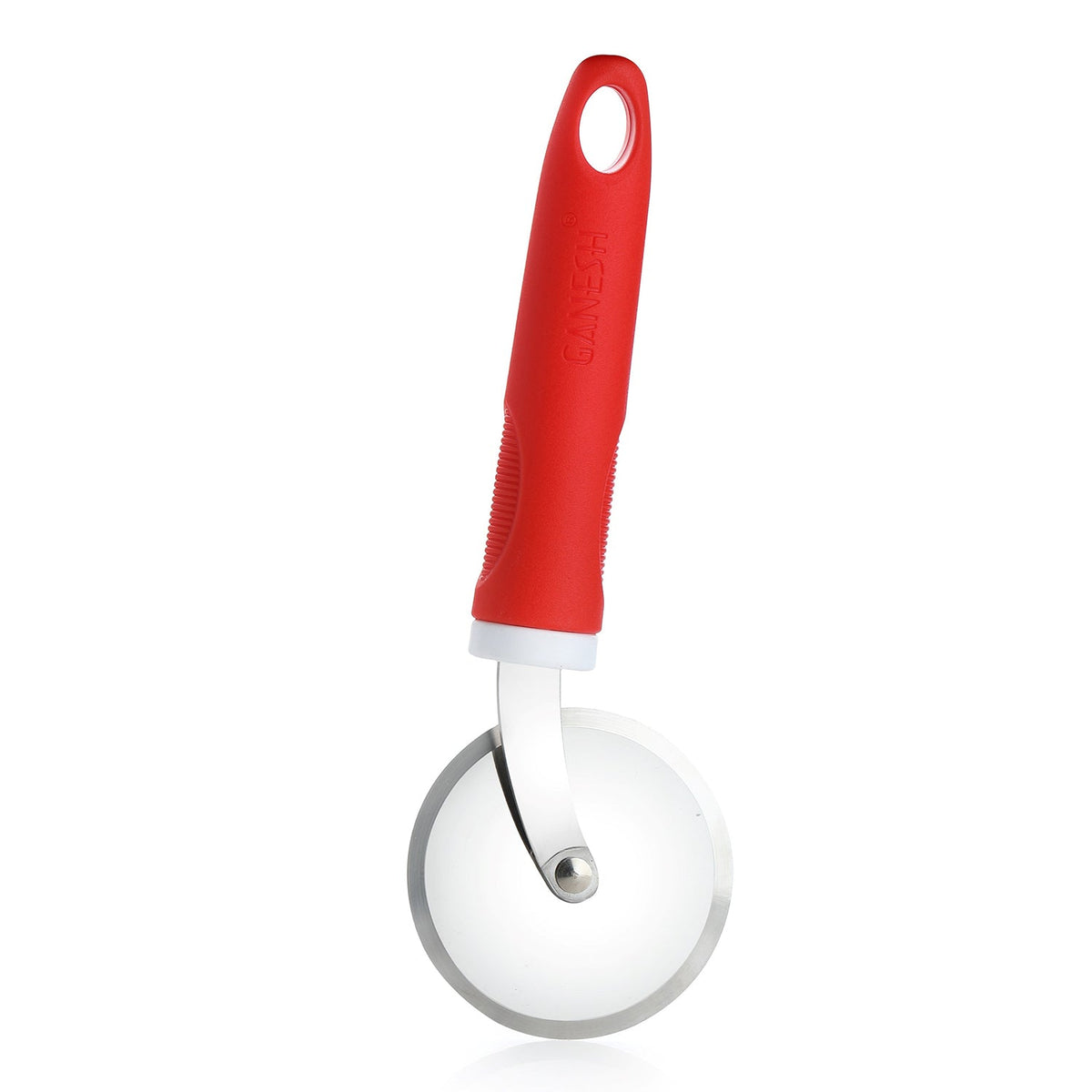 A red-handled pizza cutter with a stainless steel wheel is shown vertically against a white background.