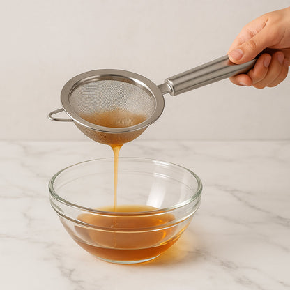 A hand holds a stainless steel fine mesh strainer, pouring a golden liquid through it into a clear glass bowl on a white