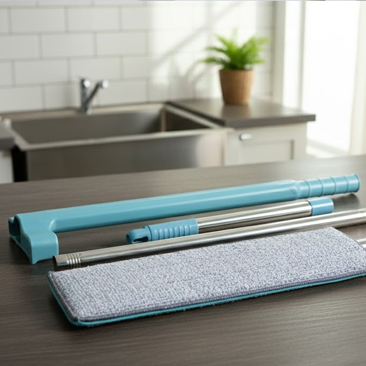 The disassembled blue and silver flat mop components and grey microfiber pad laid out on a dark countertop.