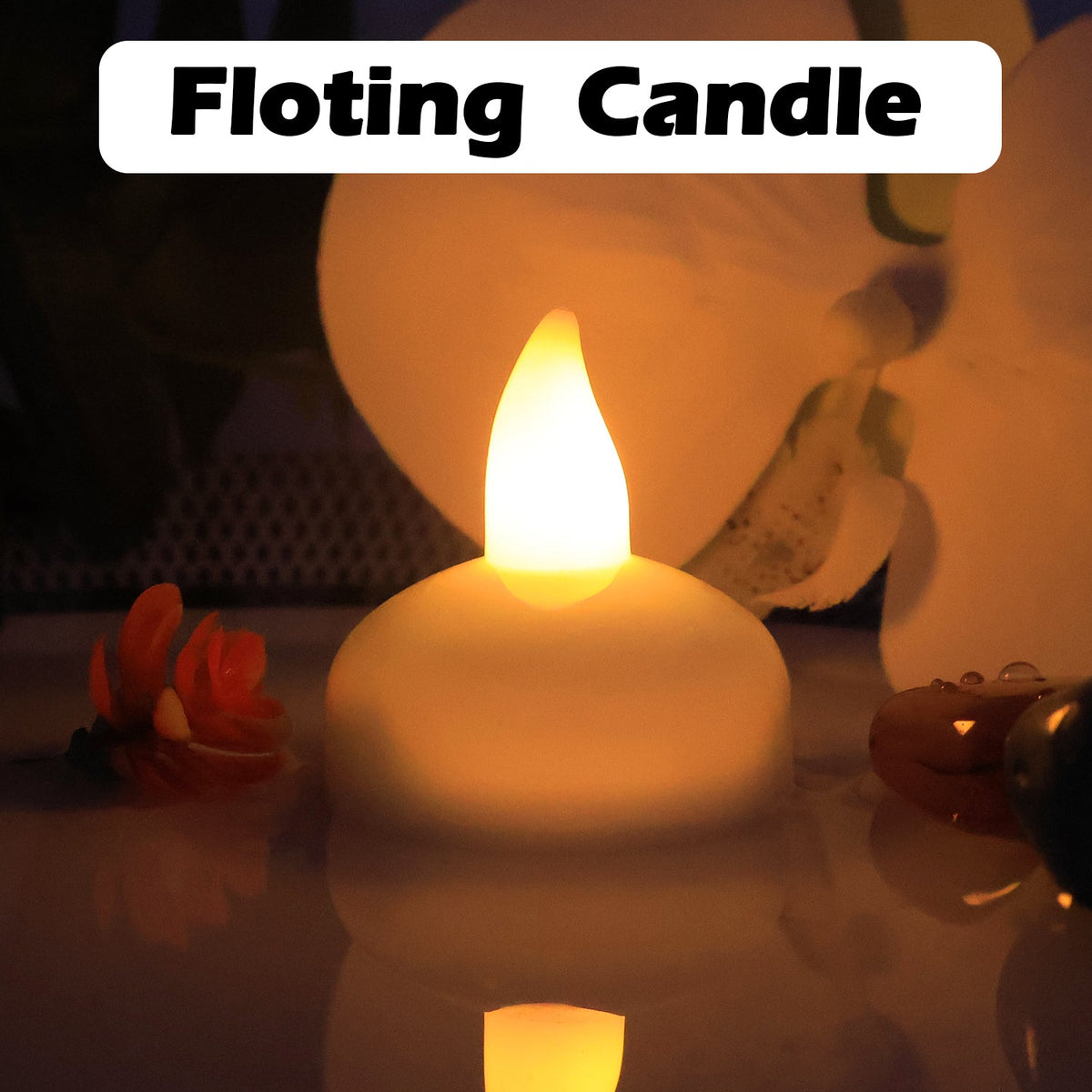 A single white LED floating candle with a warm yellow flame on a reflective surface, with text overlay 'Floting Candle'.
