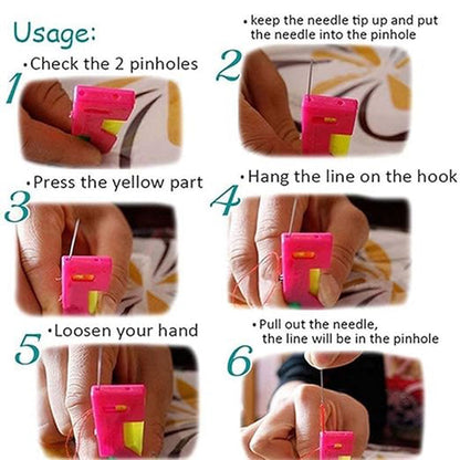 A six-step instruction guide demonstrating how to use a pink and yellow needle threader tool.