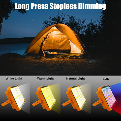 Orange and black solar LED flood light demonstrating different light modes (white, warm, natural, SOS) next to a camping