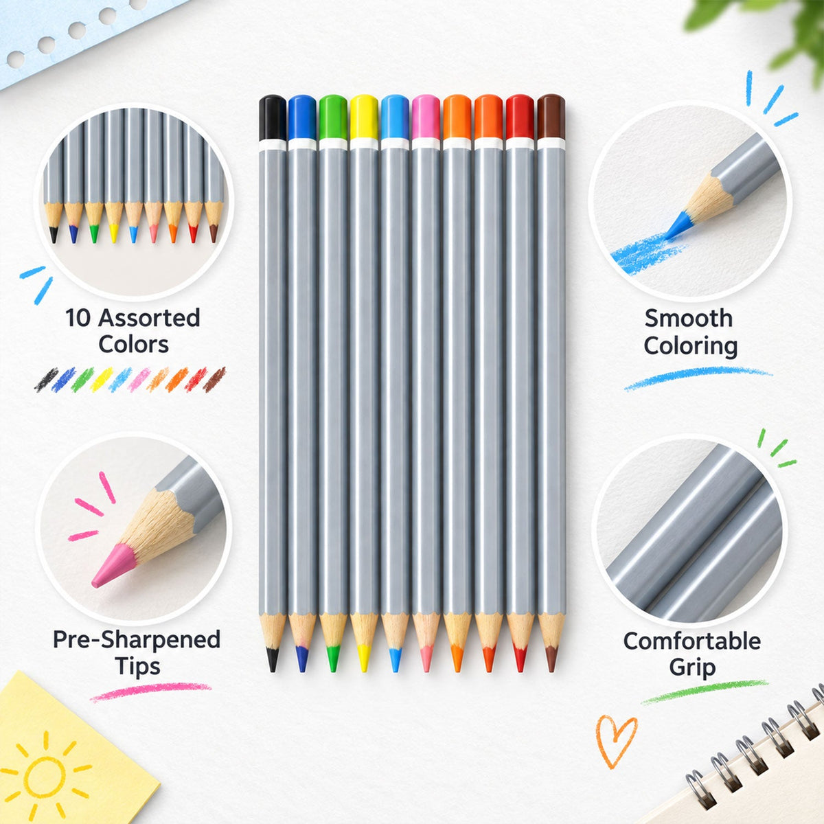 A grid of four circular insets highlights features of the gray hexagonal pencils, including assorted colors and