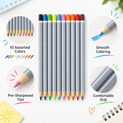 A grid of four circular insets highlights features of the gray hexagonal pencils, including assorted colors and