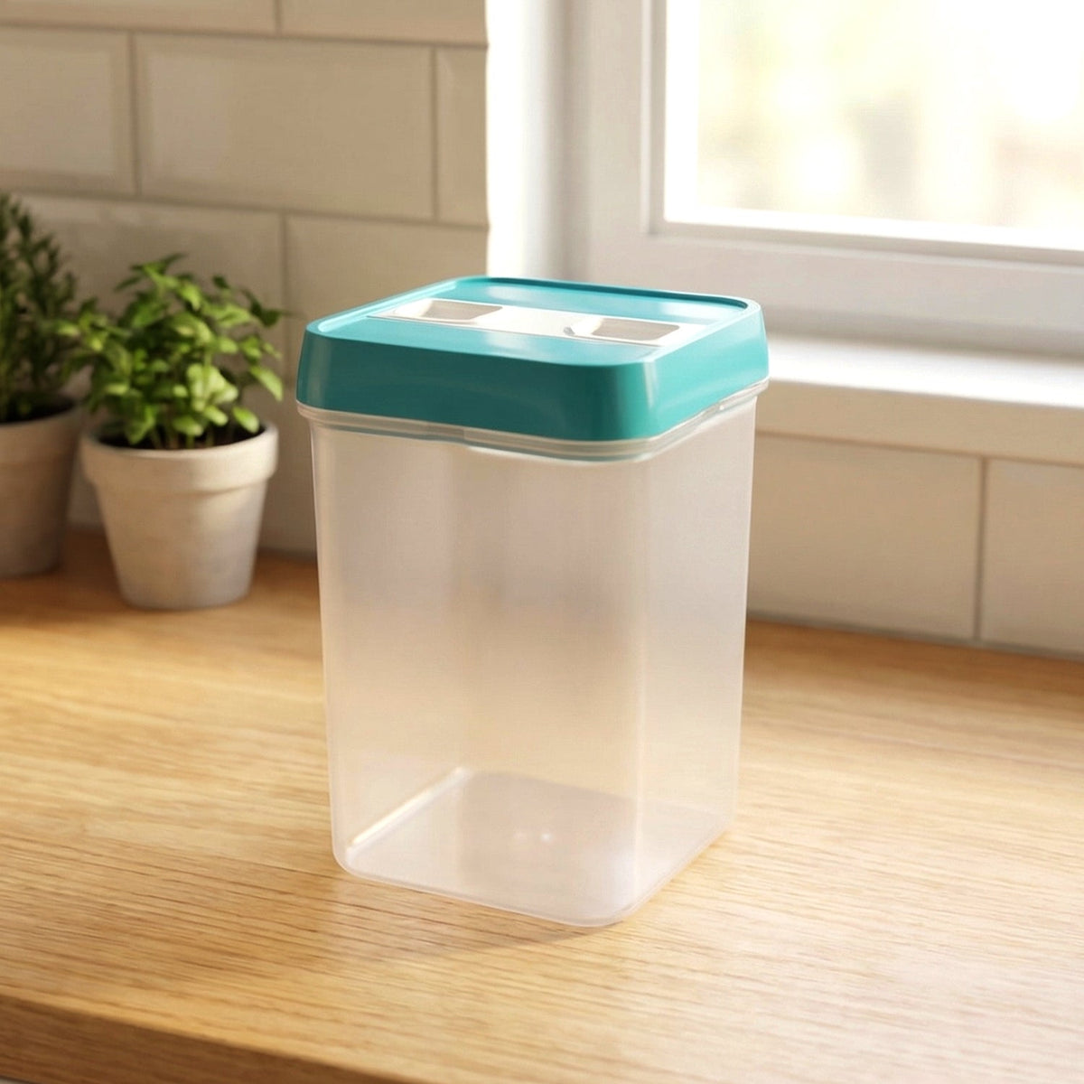 Empty clear plastic food storage container with a teal lid on a wooden kitchen counter near a window.