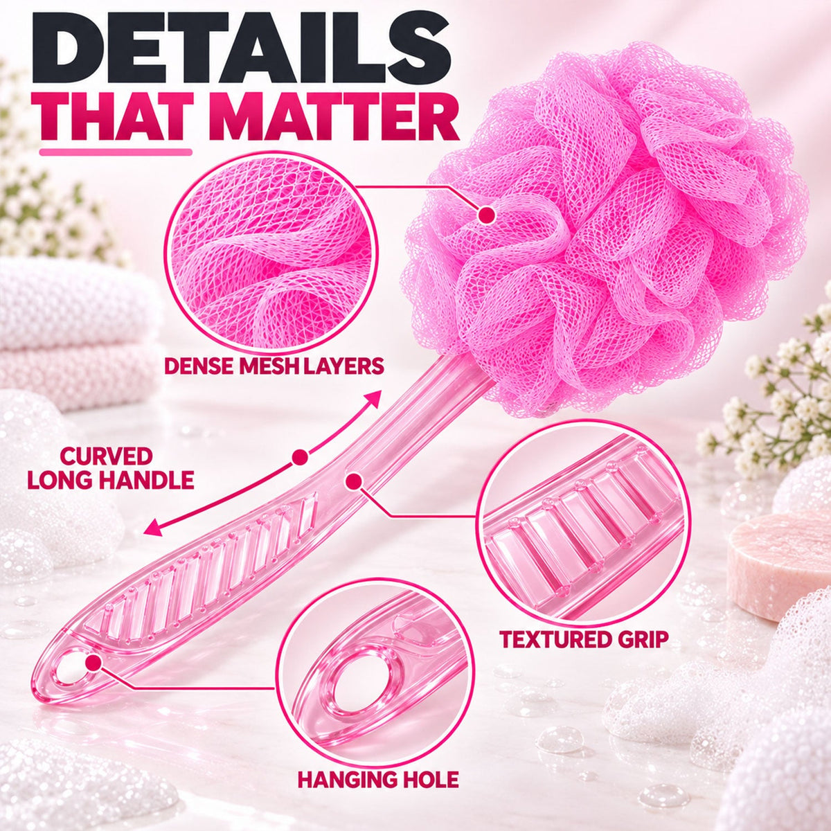 Long Handle Back Scrubber for Bathroom Shower, Body Loofah Brush 45 Cm (1 Pc)