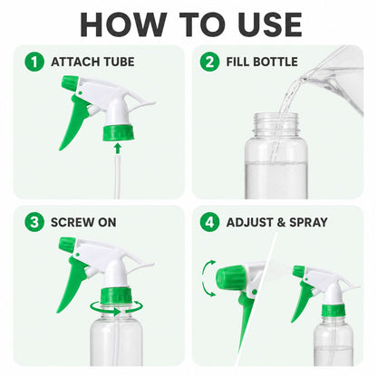 Four-panel guide illustrating how to attach, fill, screw on, and adjust the sprayer nozzle.