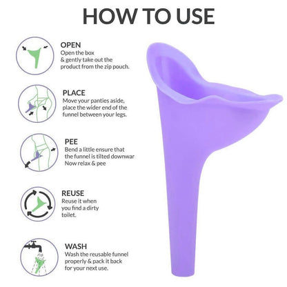 A purple silicone urination funnel is shown next to five steps with diagrams explaining how to use it.