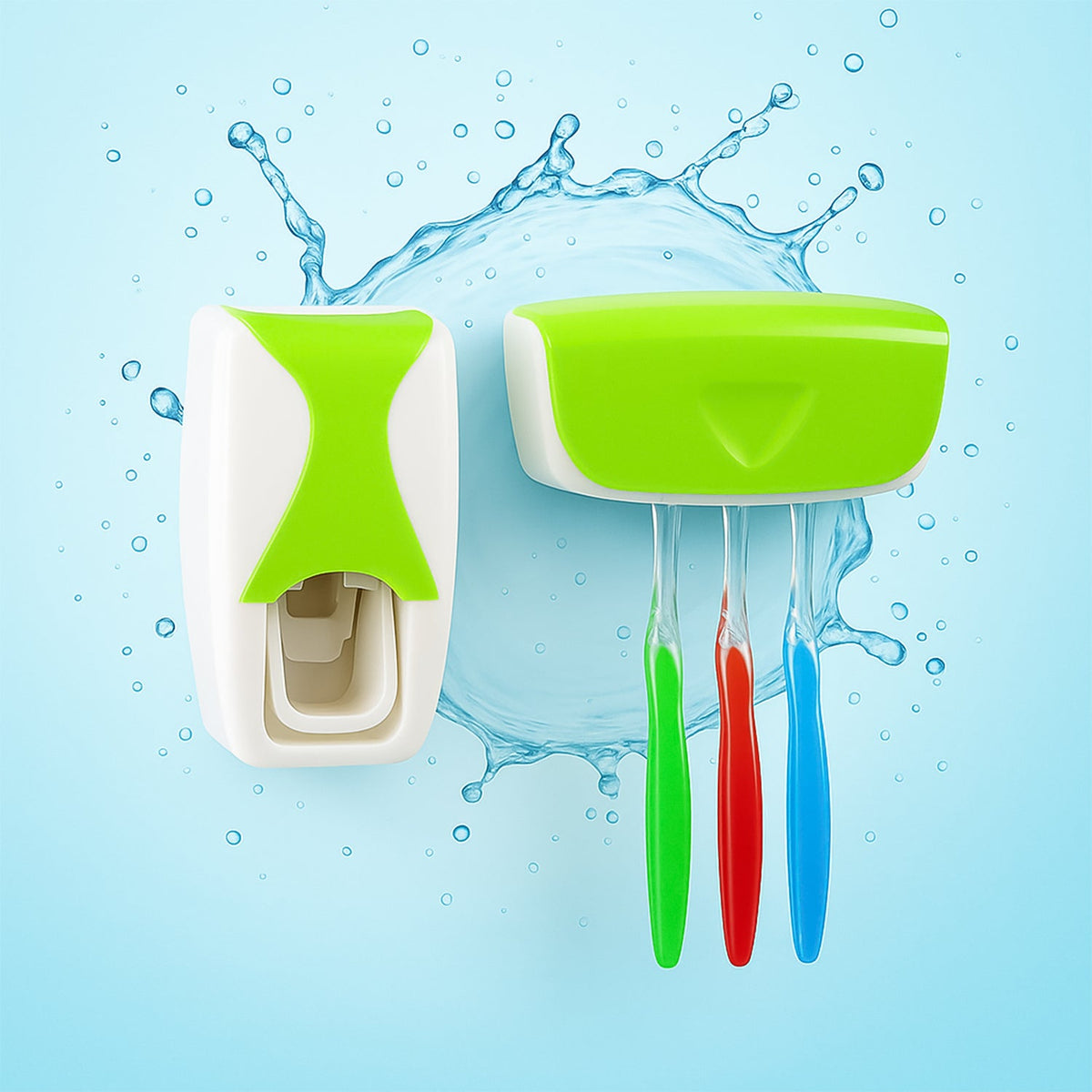 White and lime green automatic toothpaste dispenser and toothbrush holder with three toothbrushes against a blue background