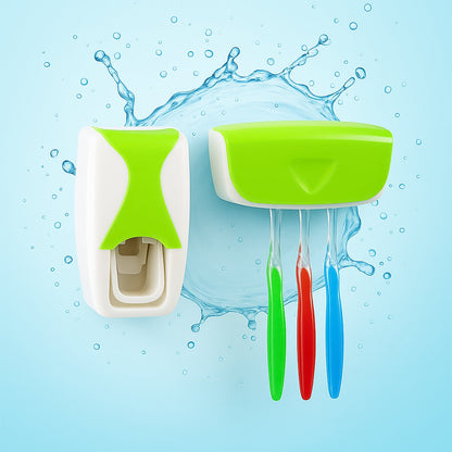 White and lime green automatic toothpaste dispenser and toothbrush holder with three toothbrushes against a blue background
