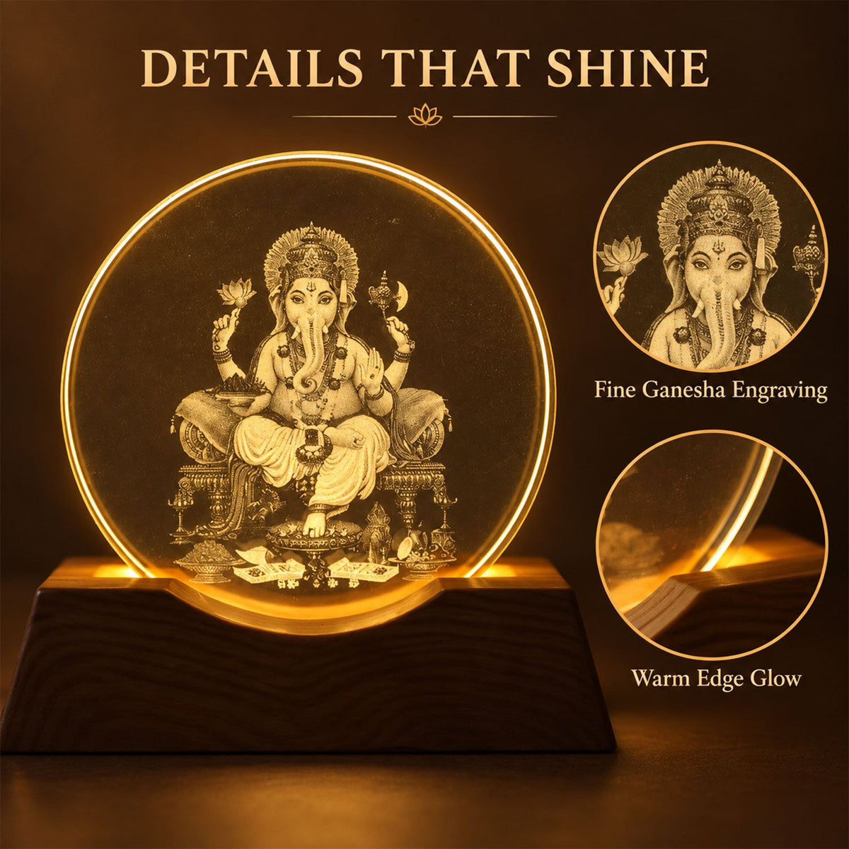 Ganesha LED lamp with a wooden base, emphasizing the fine engraving and warm edge glow details.