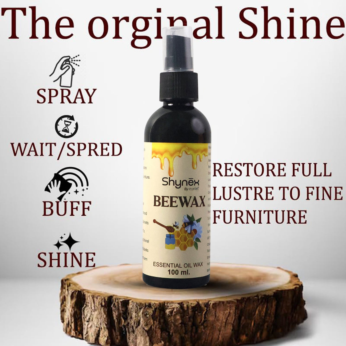 A black spray bottle of beeswax polish on a wooden log slice, with text describing its application and benefits.