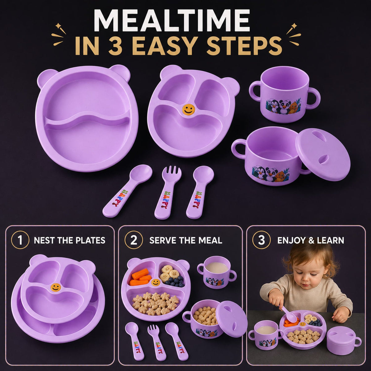 Children’s Tableware Dining Set – Durable Panda Print Meal Kit