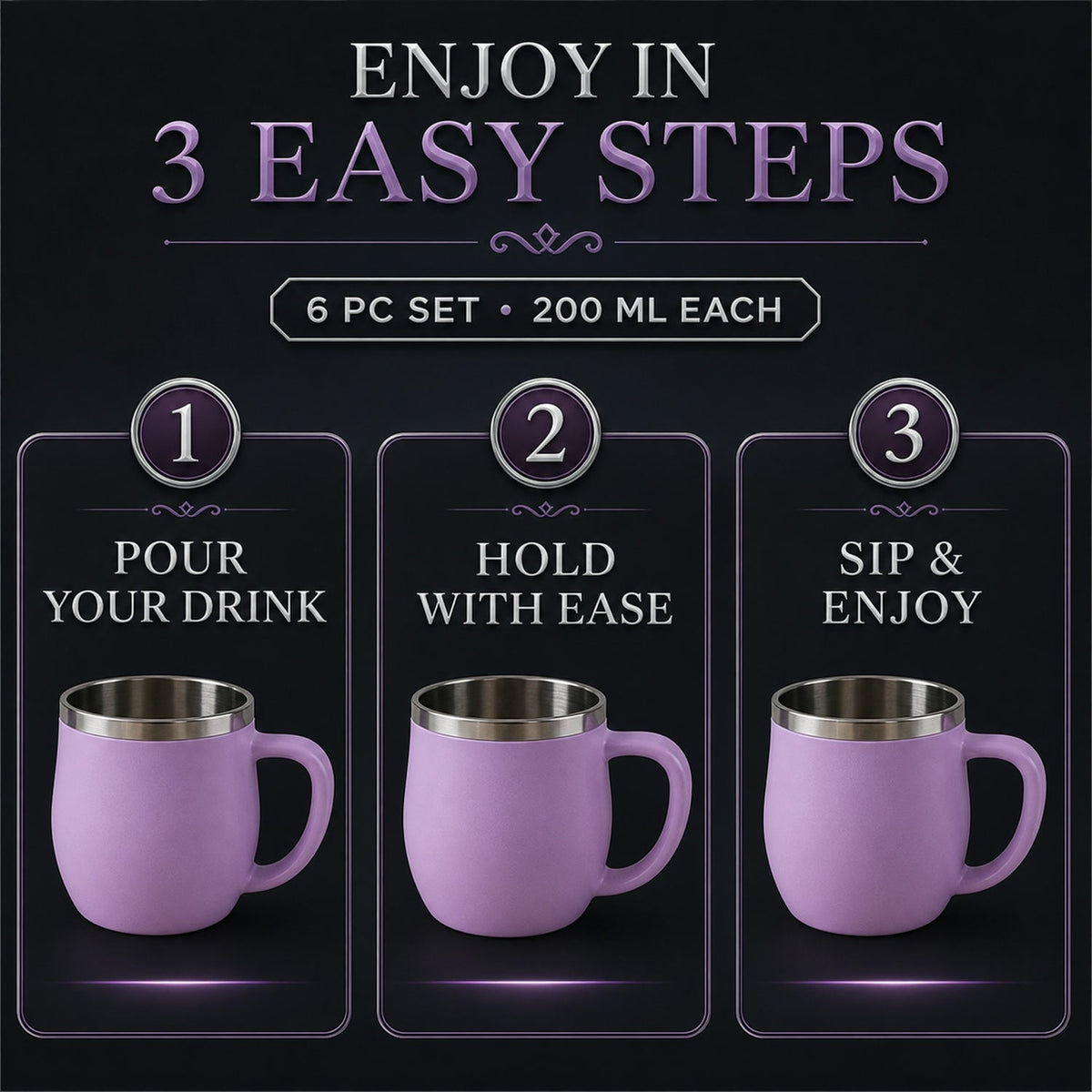 Double Wall Stainless Steel Mug Set – Insulated 6-Pc 200ml