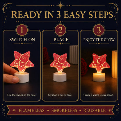 A three-step guide showing how to switch on, place, and enjoy a red star-shaped LED tealight candle.