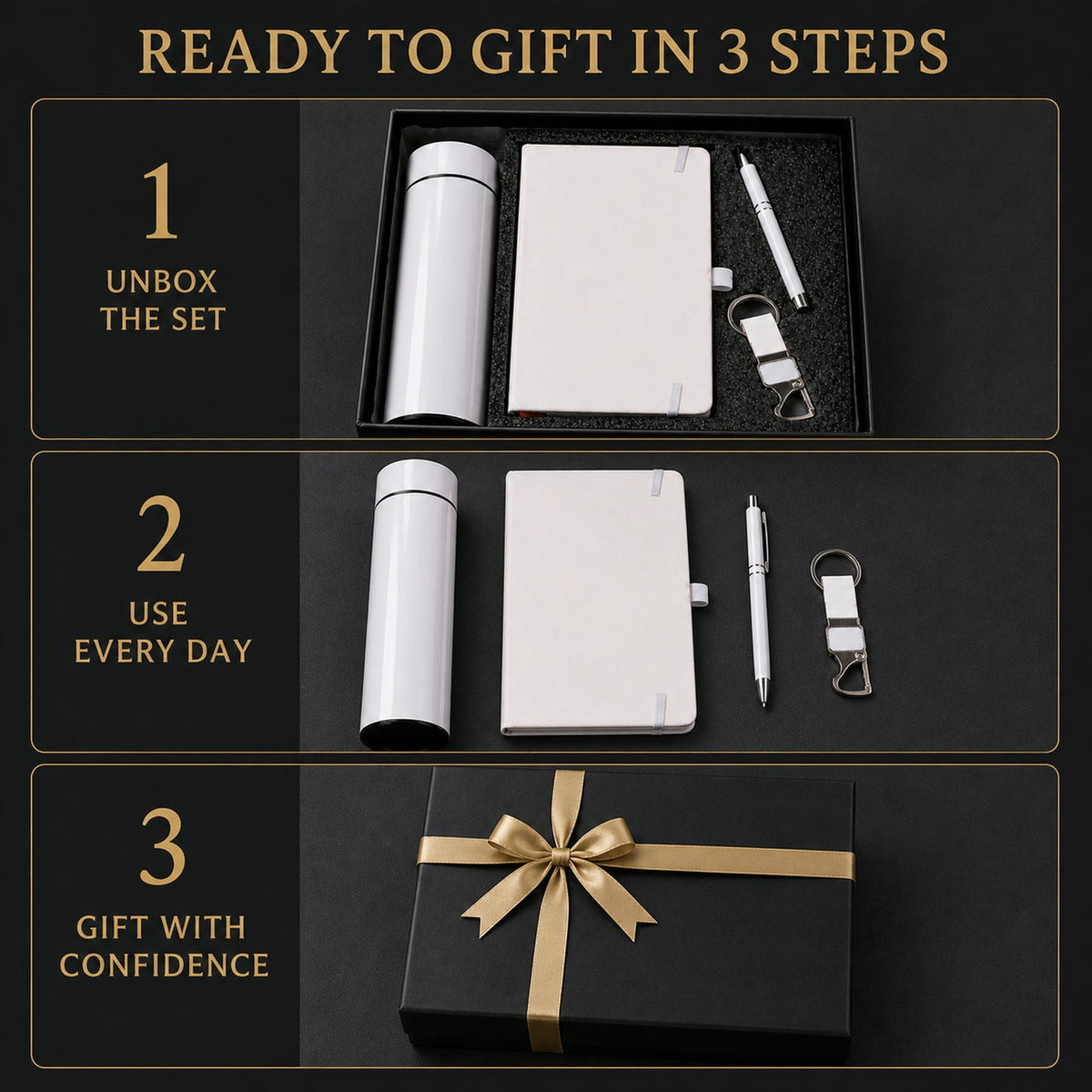 Three-step infographic showing unboxing, daily use, and gifting of the 4-in-1 white office set.