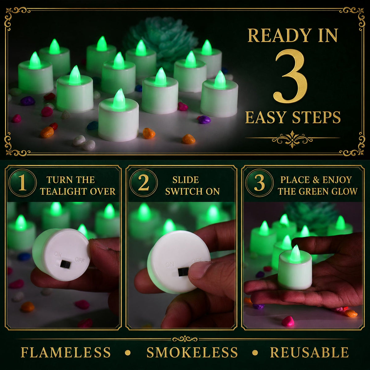 Usage guide for the green flameless LED tealights.