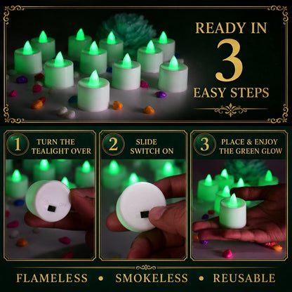 Usage guide for the green flameless LED tealights.