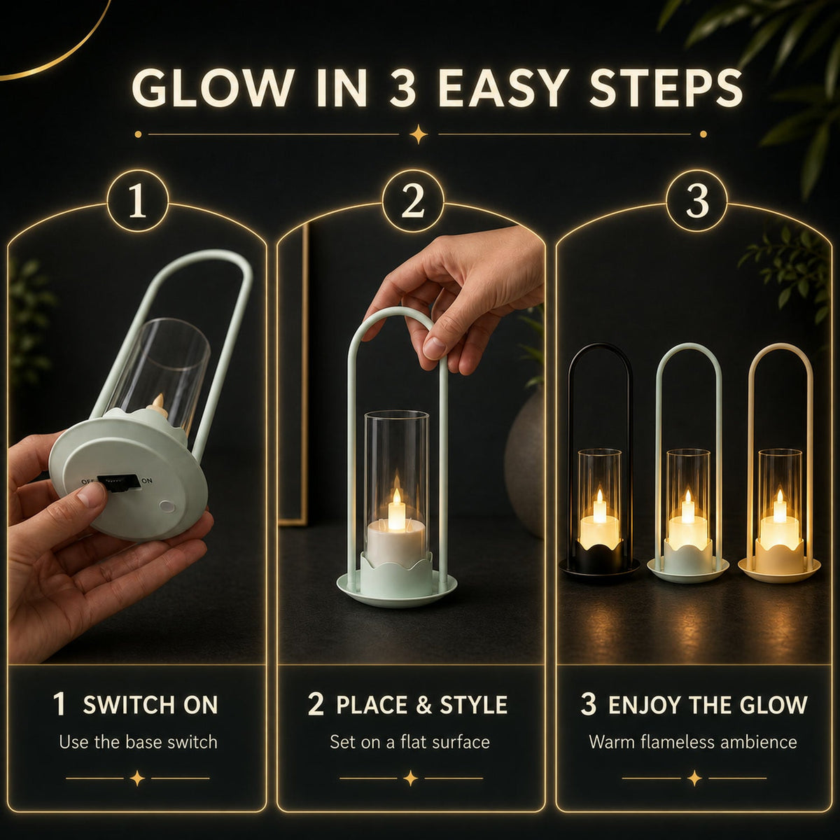 Three-step infographic showing how to use the LED lantern: switching it on, placing it, and enjoying the glow.
