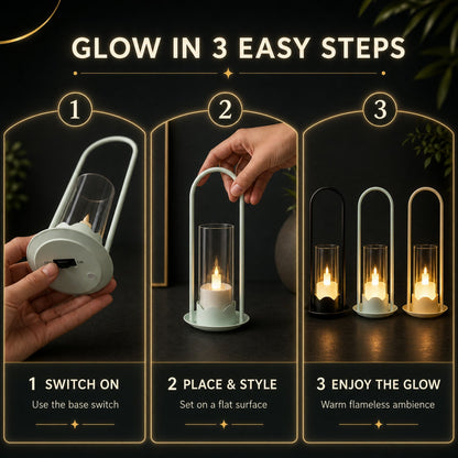 Three-step infographic showing how to use the LED lantern: switching it on, placing it, and enjoying the glow.