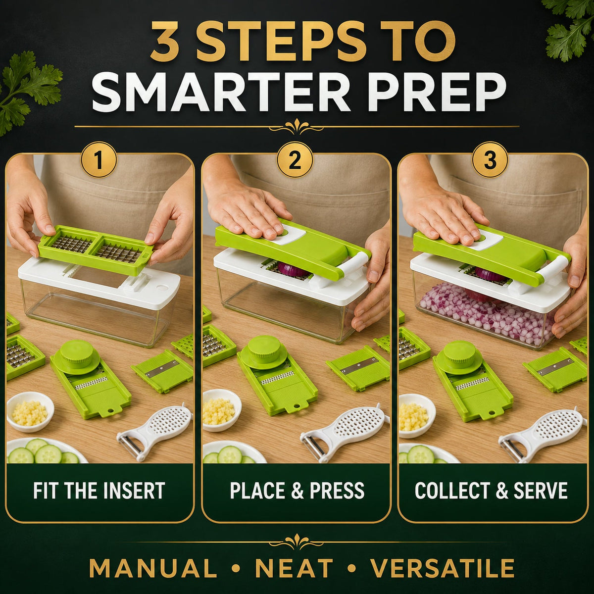 A three-step graphic demonstrates how to use the vegetable dicer: fit the insert, place and press, then collect and serve.