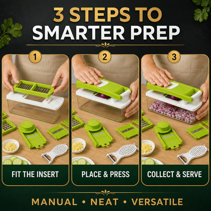 A three-step graphic demonstrates how to use the vegetable dicer: fit the insert, place and press, then collect and serve.