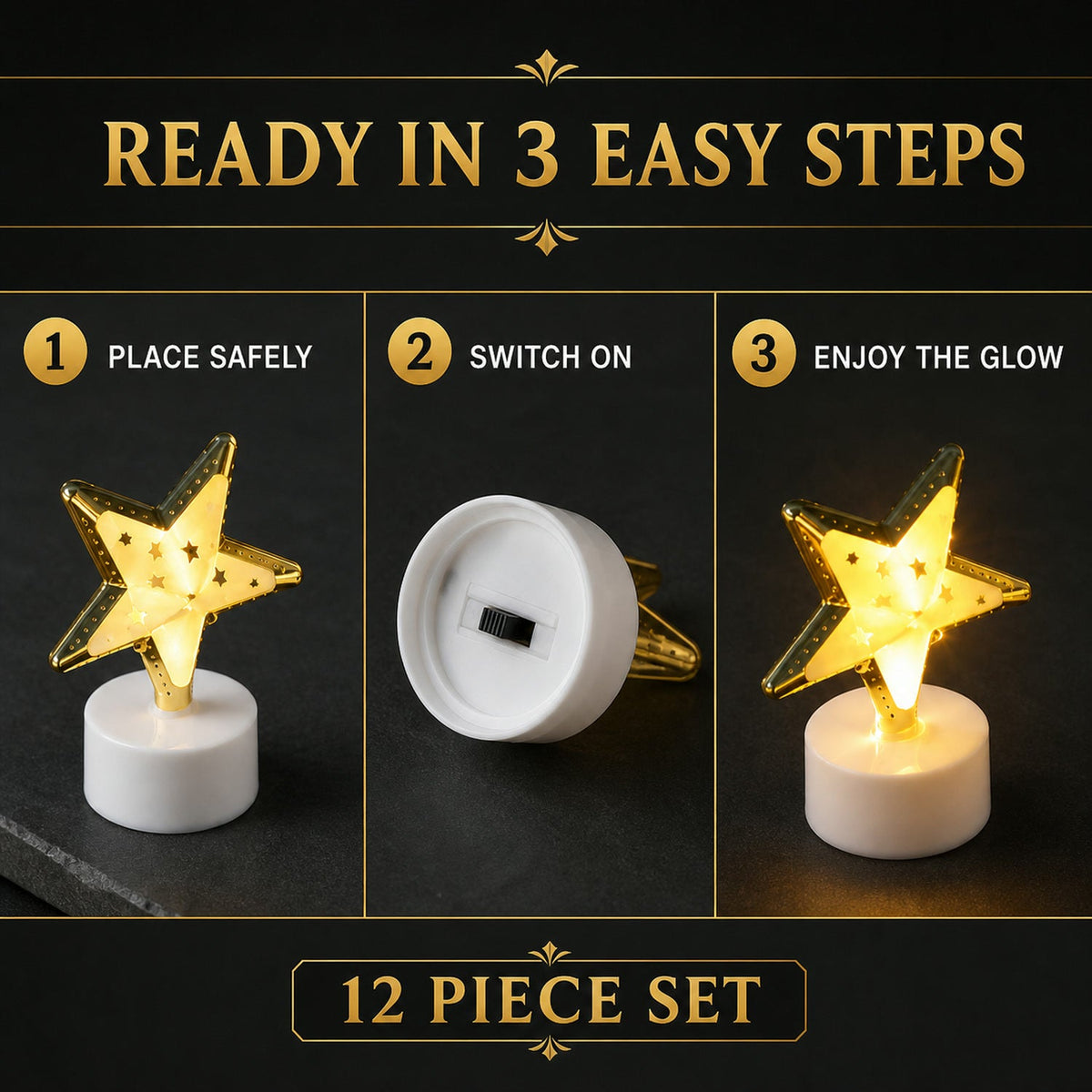 Graphic illustrating three steps to use the star LED candles: 'Place Safely', 'Switch On', and 'Enjoy The Glow'.