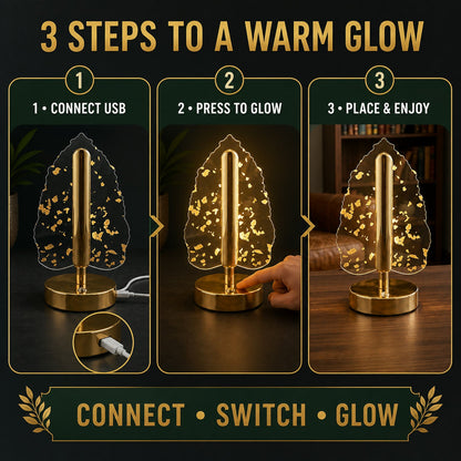 A three-step graphic showing how to connect, switch on, and place the golden crystal leaf LED table lamp.