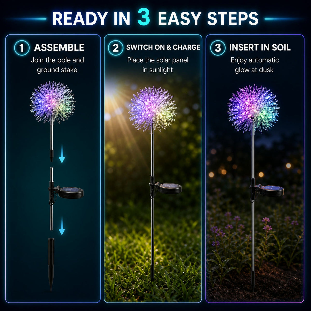 Usage guide for installing solar powered dandelion garden lights