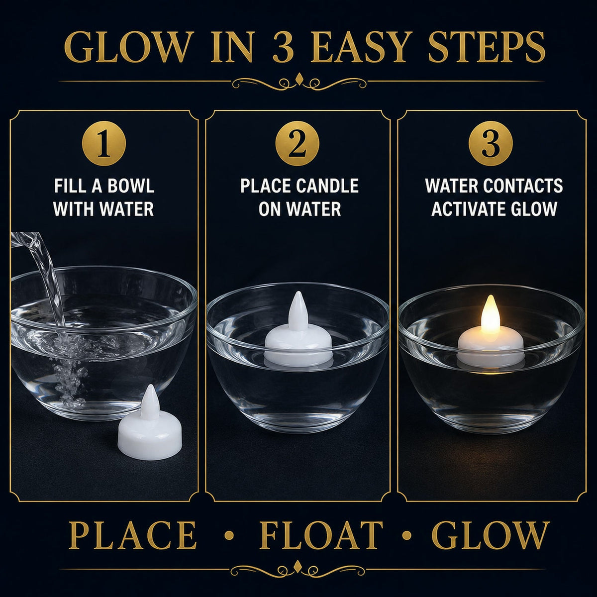 A three-step graphic demonstrating how to use the LED floating candles: fill a bowl, place candle, and activate glow.
