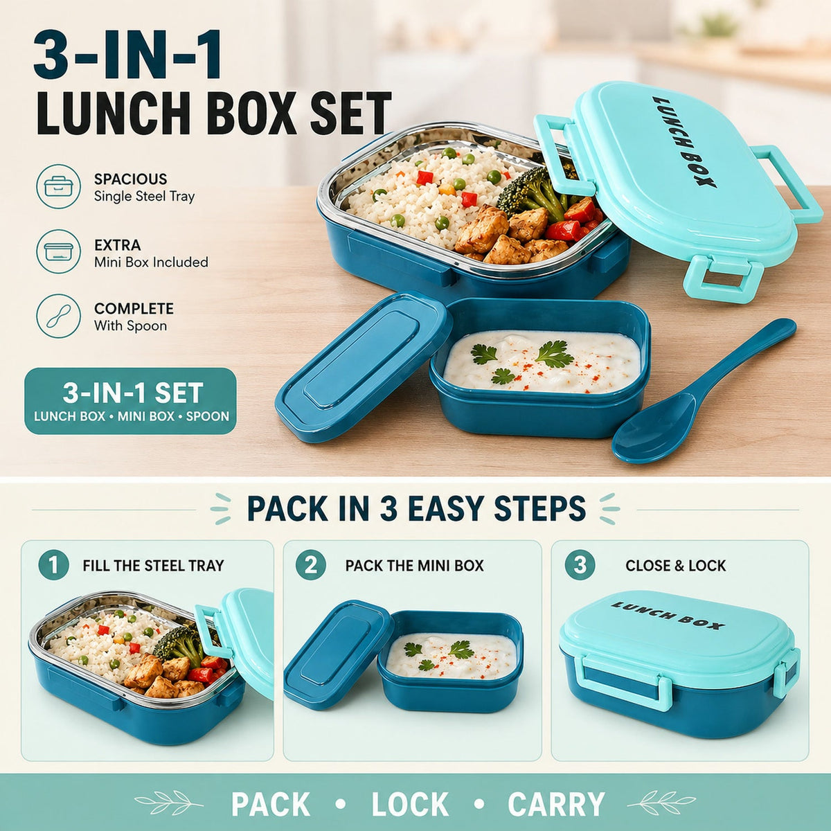 Stainless Steel Lunch Box – 3-in-1 Leakproof Set | Lunchie Bunchie