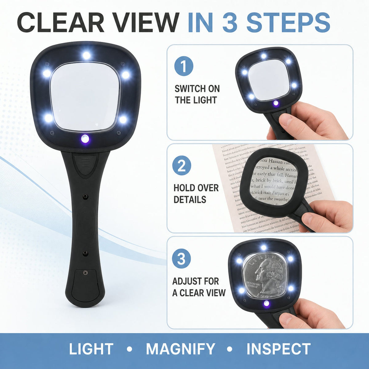 Usage guide for the LED magnifying glass.
