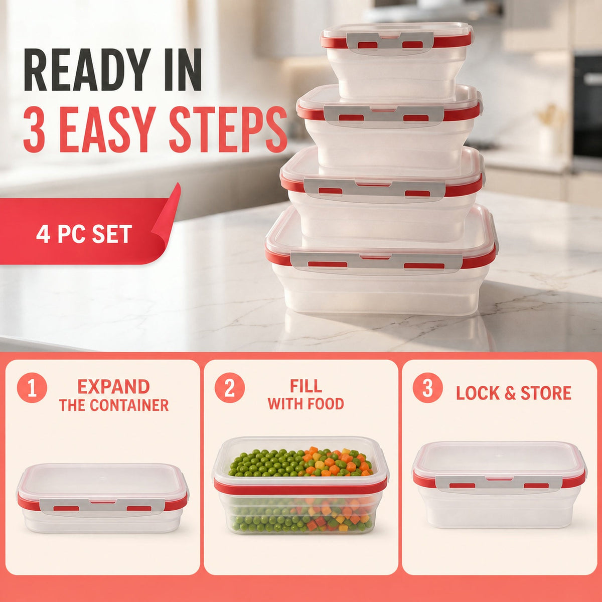 Infographic showing three steps to use the collapsible containers: expand, fill, and lock and store.