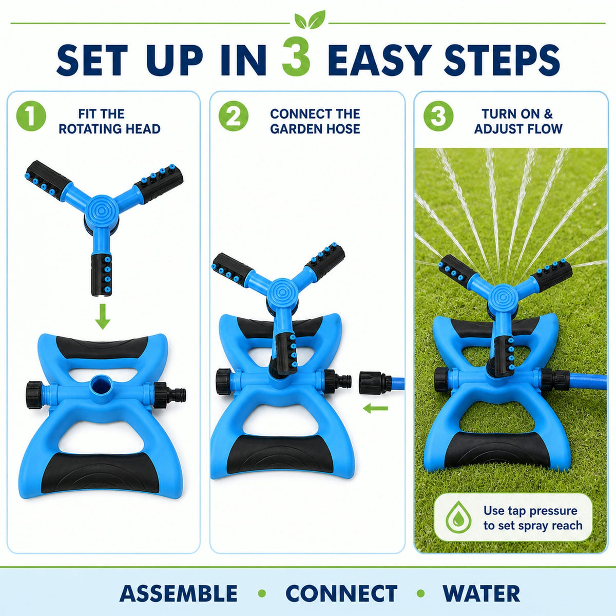 Usage guide for the blue and black rotating lawn sprinkler