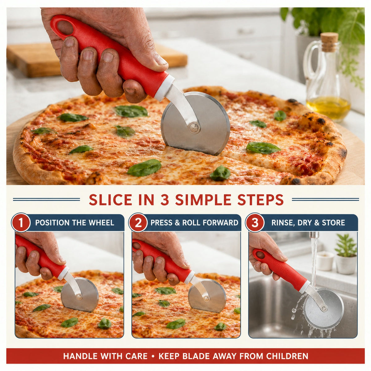 An infographic shows three steps to slice pizza with a red-handled cutter: position, press and roll, and rinse/dry/store.