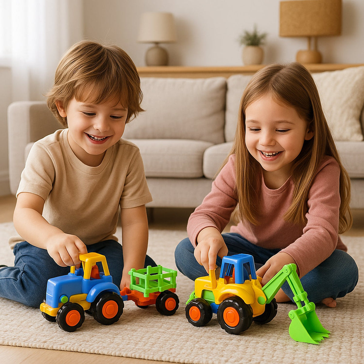 Two smiling children playing on a rug with blue and yellow plastic construction vehicle toys.
