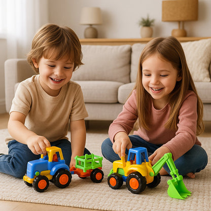Two smiling children playing on a rug with blue and yellow plastic construction vehicle toys.