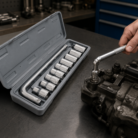 A hand uses a chrome socket wrench to work on a dark engine part, with the grey socket set case open nearby.