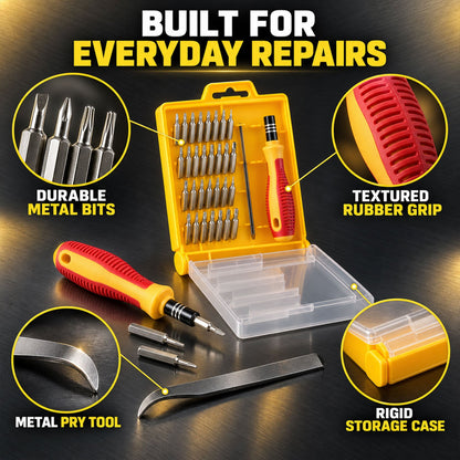 A 32-in-1 precision screwdriver set with various bits, a metal pry tool, and a textured rubber grip highlighted.
