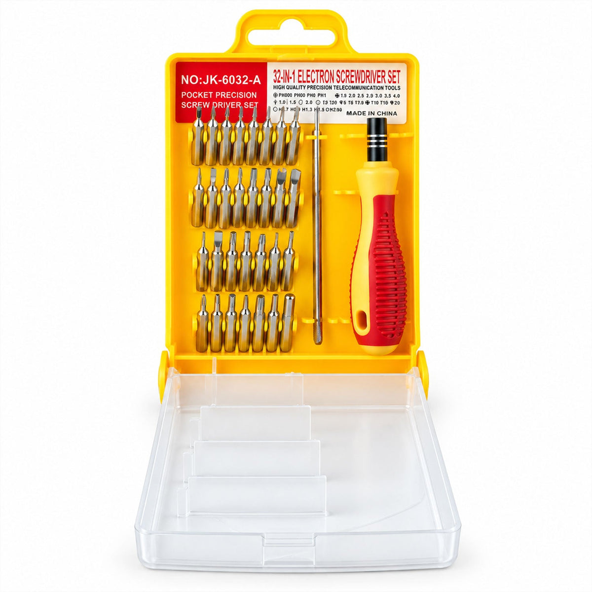 A 32-in-1 precision screwdriver set in a yellow and clear plastic case, displayed against a white background.