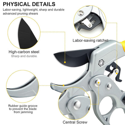 Close-up views of the silver and yellow pruning shears with details on high-carbon steel and ratchet mechanism.