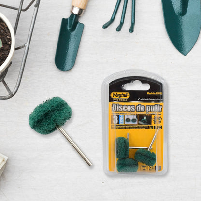A single green polishing wheel and a blister pack of three polishing wheels on a light grey background with gardening tools.