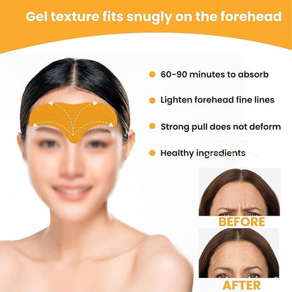 A woman with a gold forehead patch, next to text highlighting product features and before/after images.