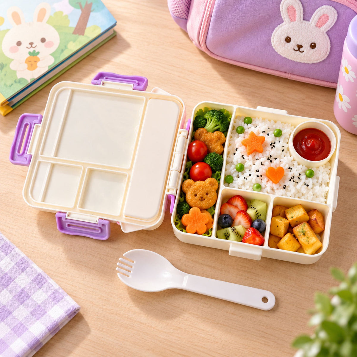 An open house-shaped lunchbox with five compartments filled with diverse food, a spoon-fork, and a checkered napkin.